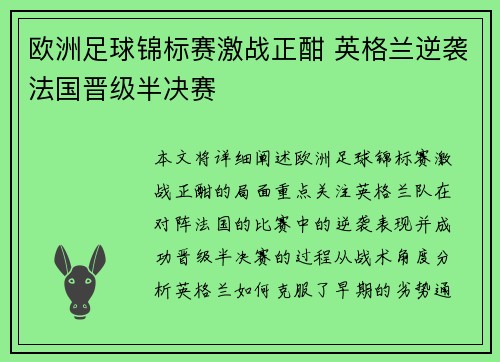 欧洲足球锦标赛激战正酣 英格兰逆袭法国晋级半决赛