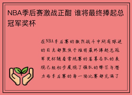 NBA季后赛激战正酣 谁将最终捧起总冠军奖杯